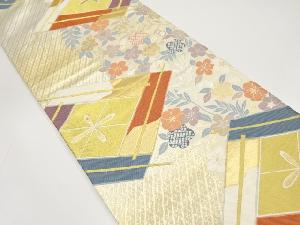 アンティーク　松菱に扇・草花模様織り出し袋帯（材料）